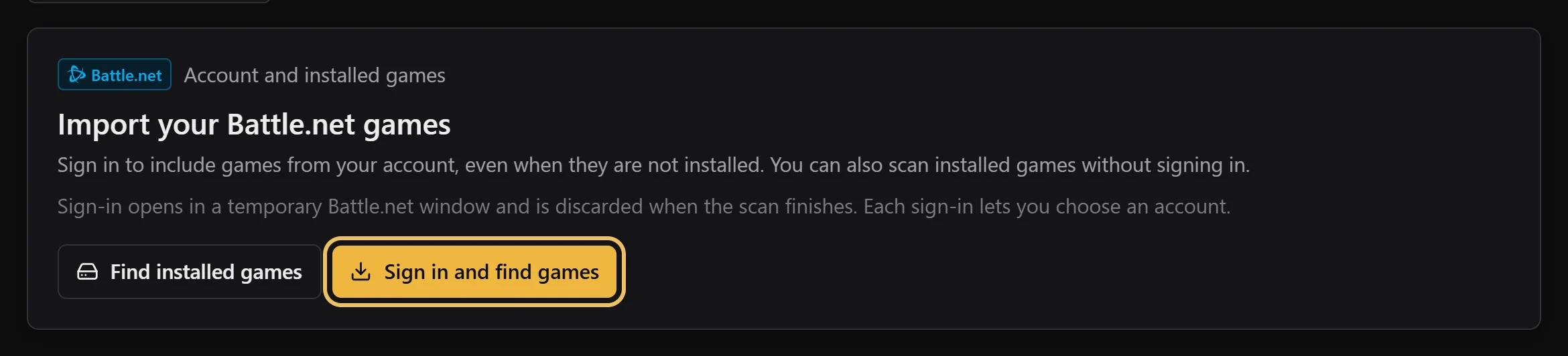 The Battle.net importer with the buttons Find installed games and Sign in and find games