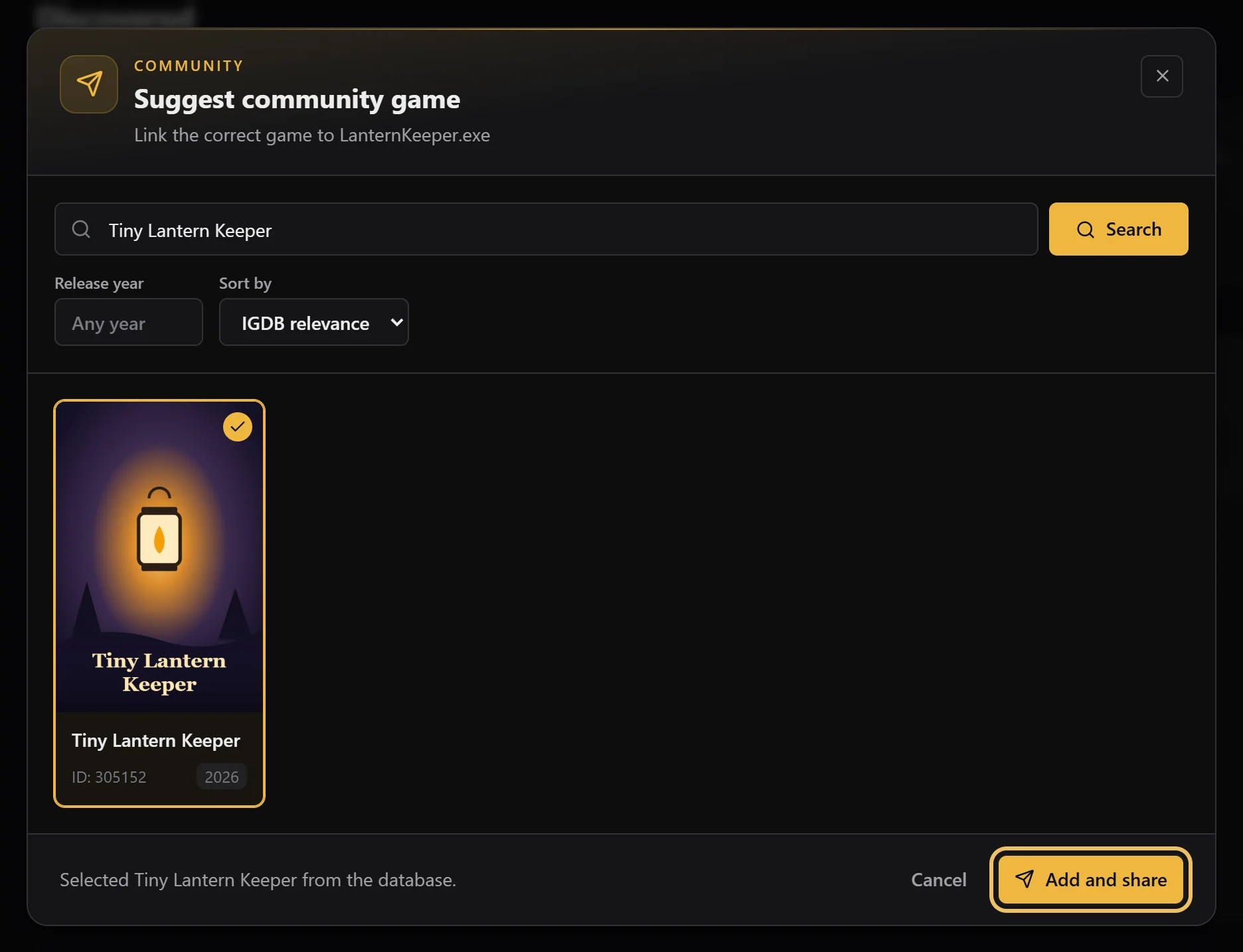 Suggest community game with the search result Tiny Lantern Keeper selected and Add and share highlighted