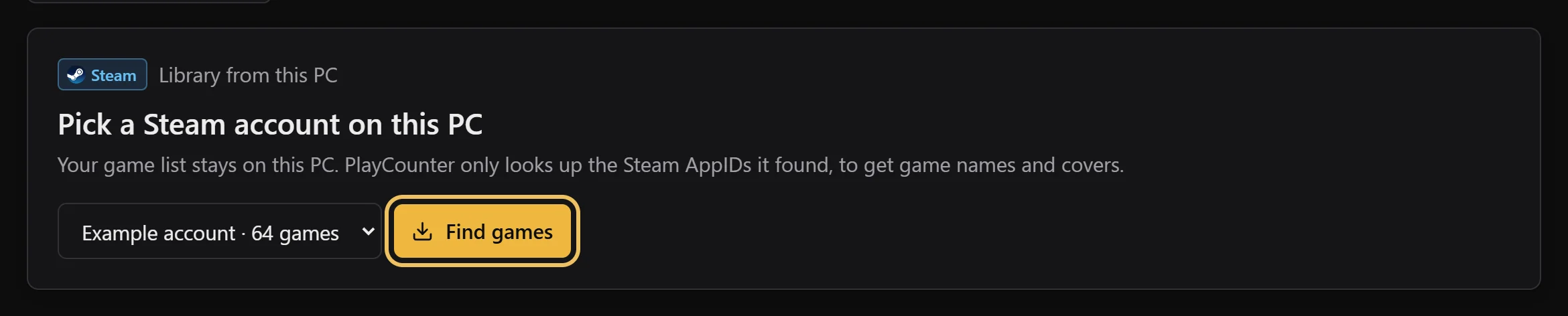 Steam importer with a local Steam account selected and Find games highlighted