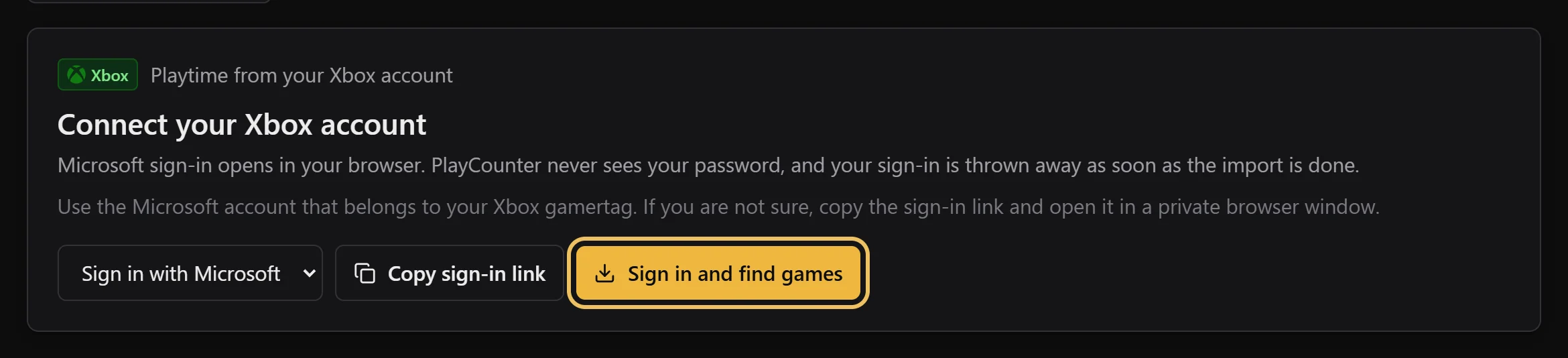 Xbox importer with Sign in and find games highlighted