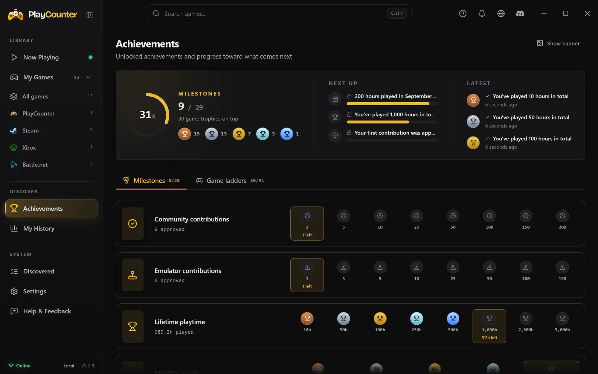 PlayCounter Achievements with milestone progress, the next unlocks and lifetime playtime trophies