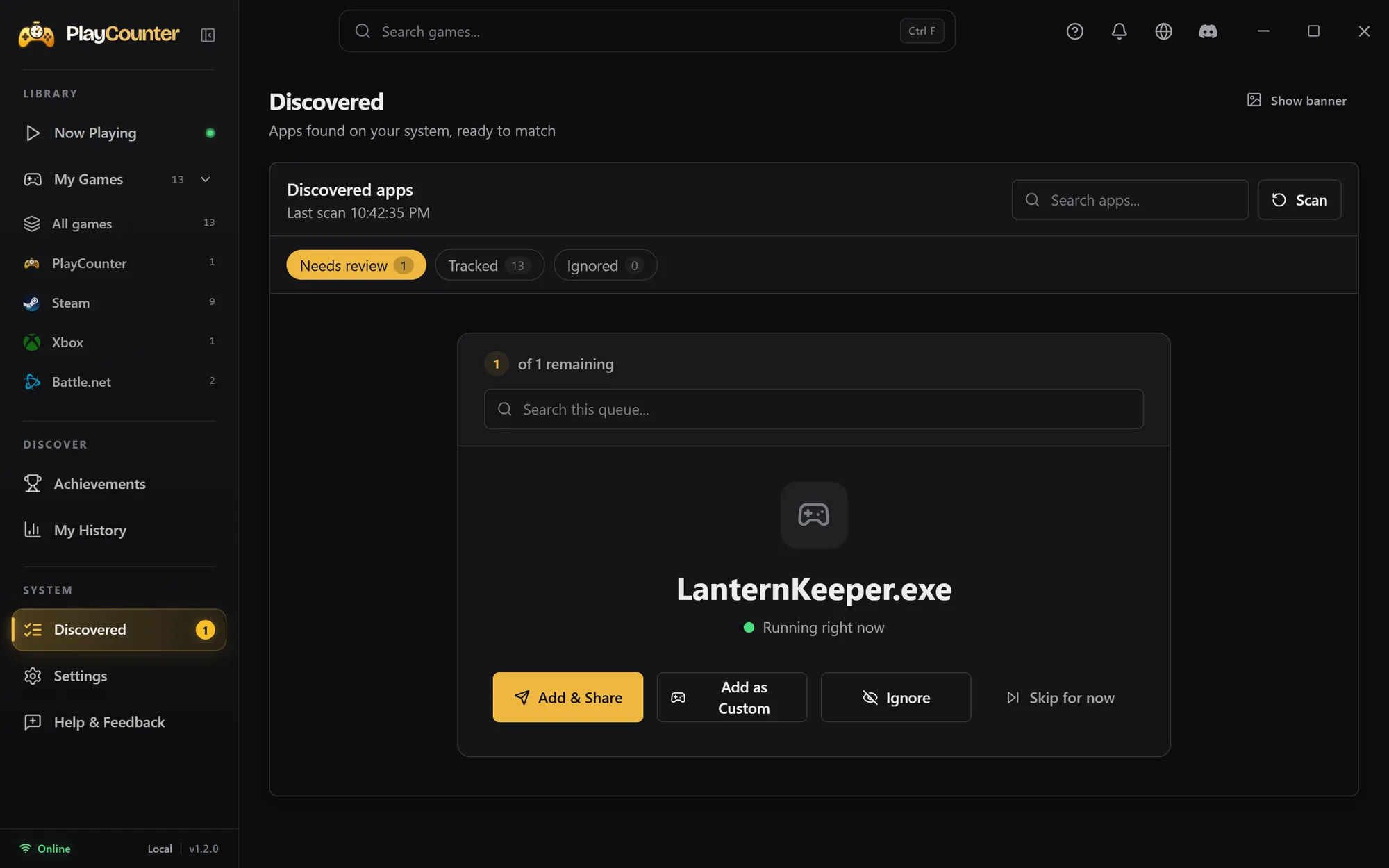 PlayCounter Discovered with an unrecognized game file, LanternKeeper.exe, and the actions Add & Share, Add as Custom, Ignore and Skip for now