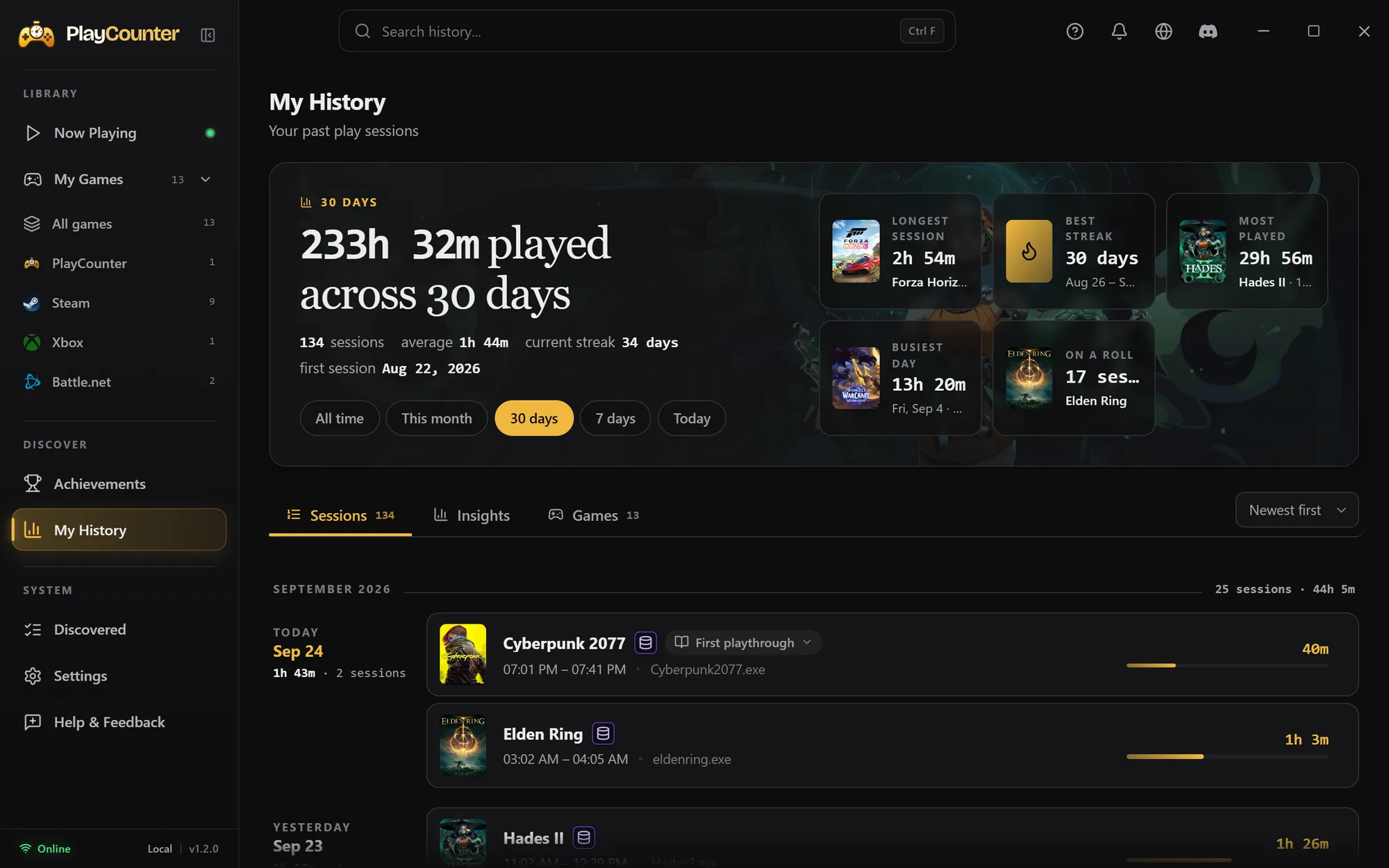 PlayCounter My History with the playtime of the last 30 days, highlights such as the longest session and best streak, and recorded sessions by day
