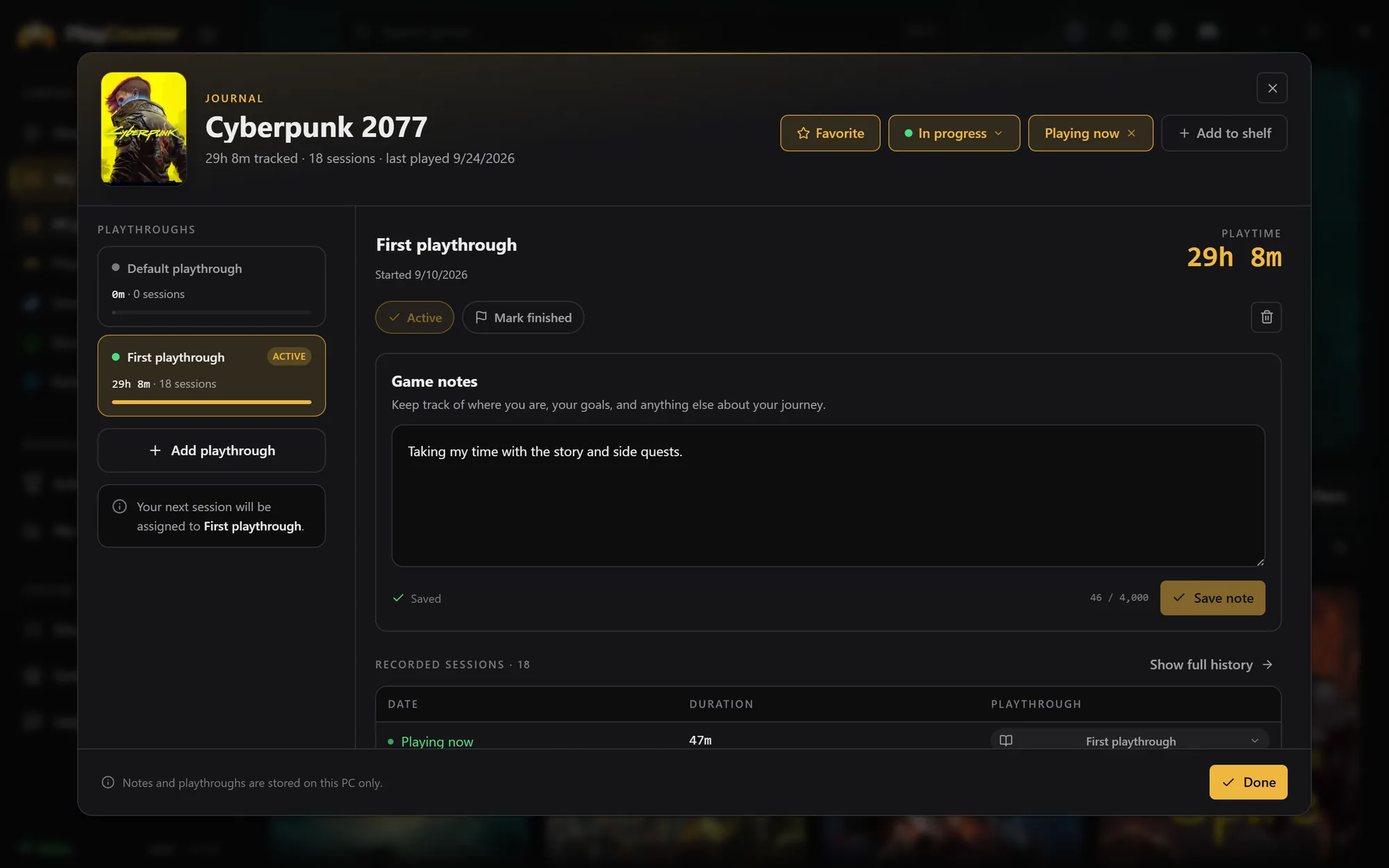 PlayCounter game journal for Cyberpunk 2077 with playthroughs, a game note and recorded sessions