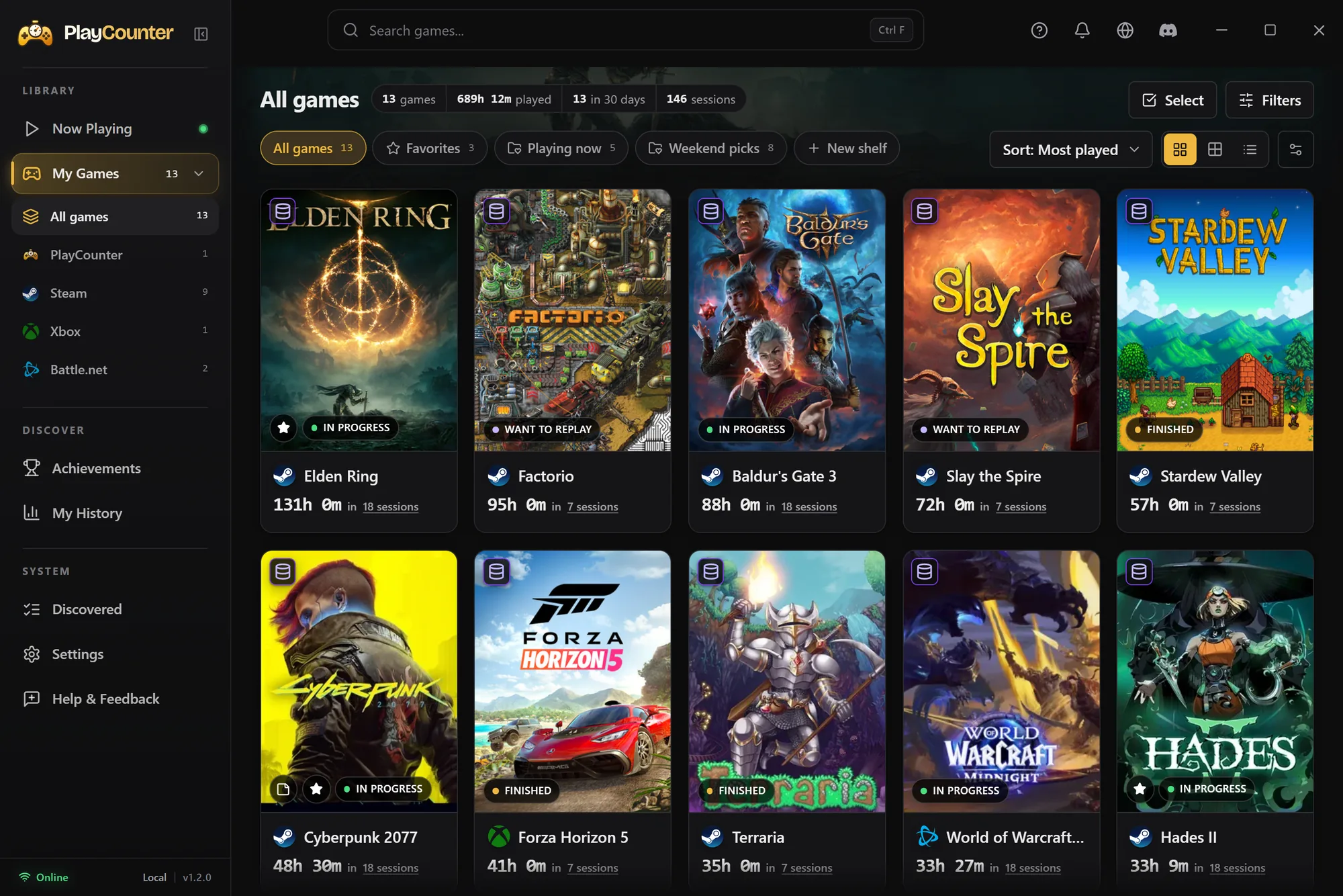 PlayCounter My Games grid with shelves, Sort: Most played, status badges and games from Steam, Xbox and Battle.net with their total hours