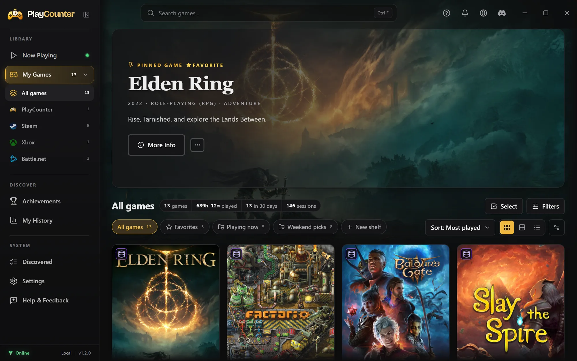 PlayCounter My Games in the dark theme: Elden Ring pinned as a banner above game covers with playtime totals, shelves and the Steam, Xbox and Battle.net sources