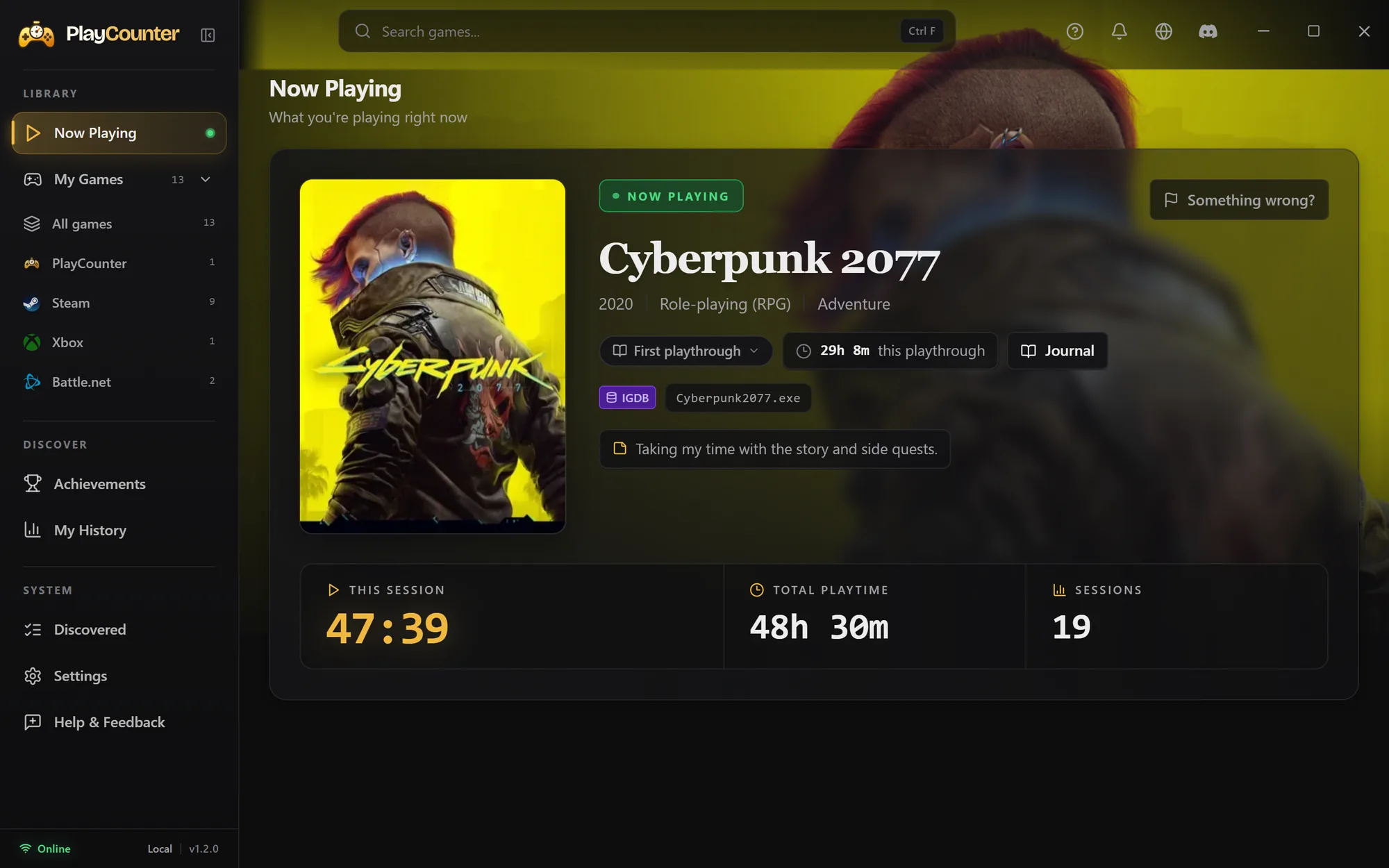 PlayCounter Now Playing with a live session timer, total playtime and session count for Cyberpunk 2077